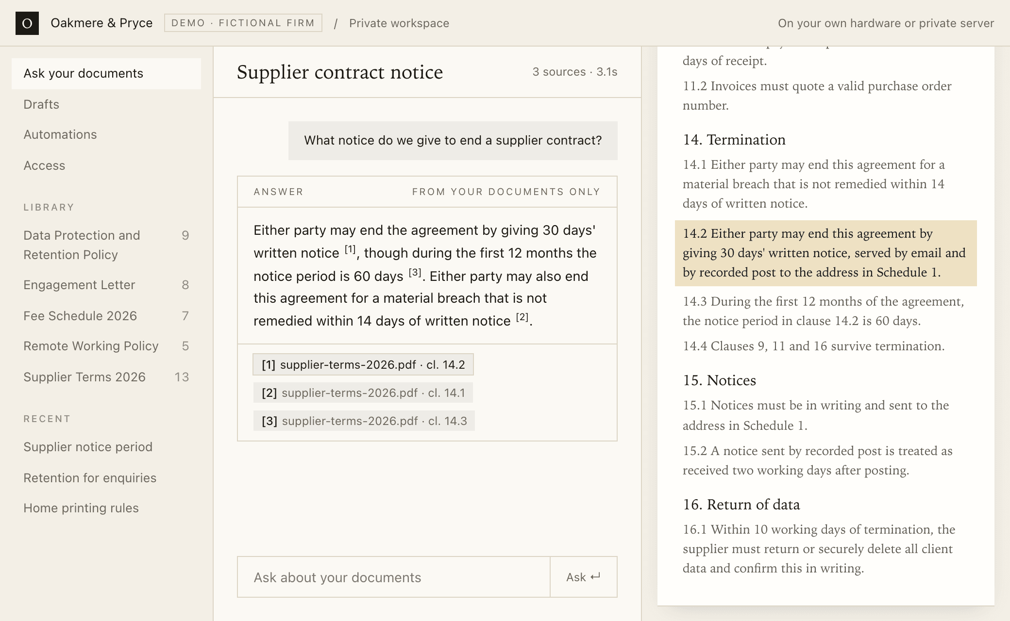 A private AI assistant running on a local computer, answering a question about a fictional firm's supplier terms and citing clause 14.2